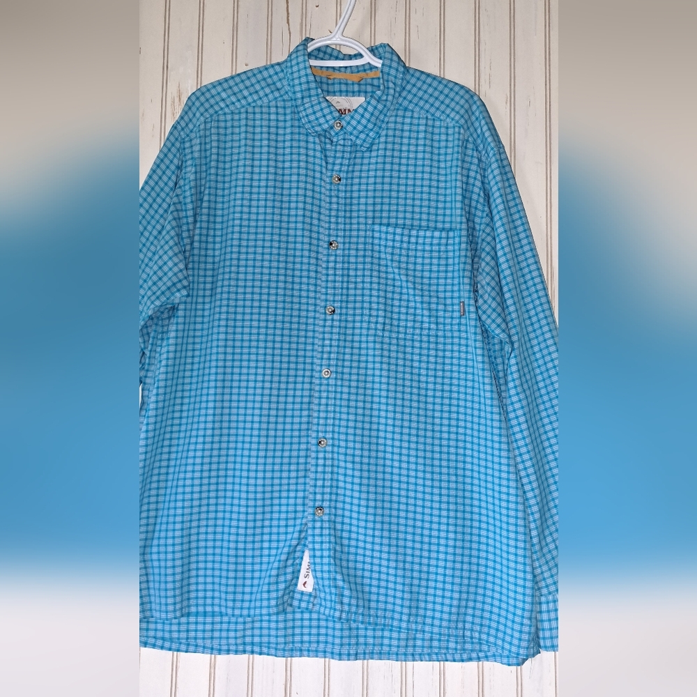 Men's Simms Long Sleeve Performance Button Up Shirt Blue White XL Nature